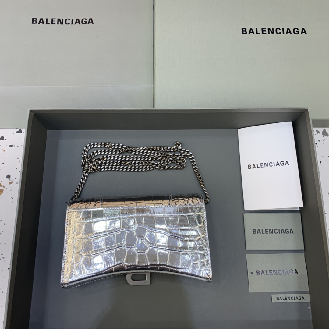 Balenciaga Small Hourglass Wallet With Chain Crocodile Embossed Shoulder Bag Silver